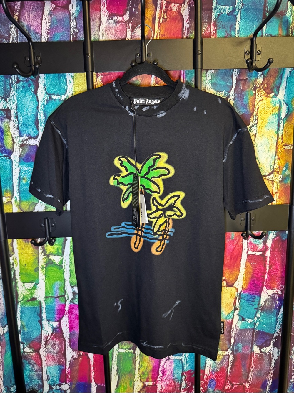 Palm Angels Black Tee with Neon Palm Tree Graphic